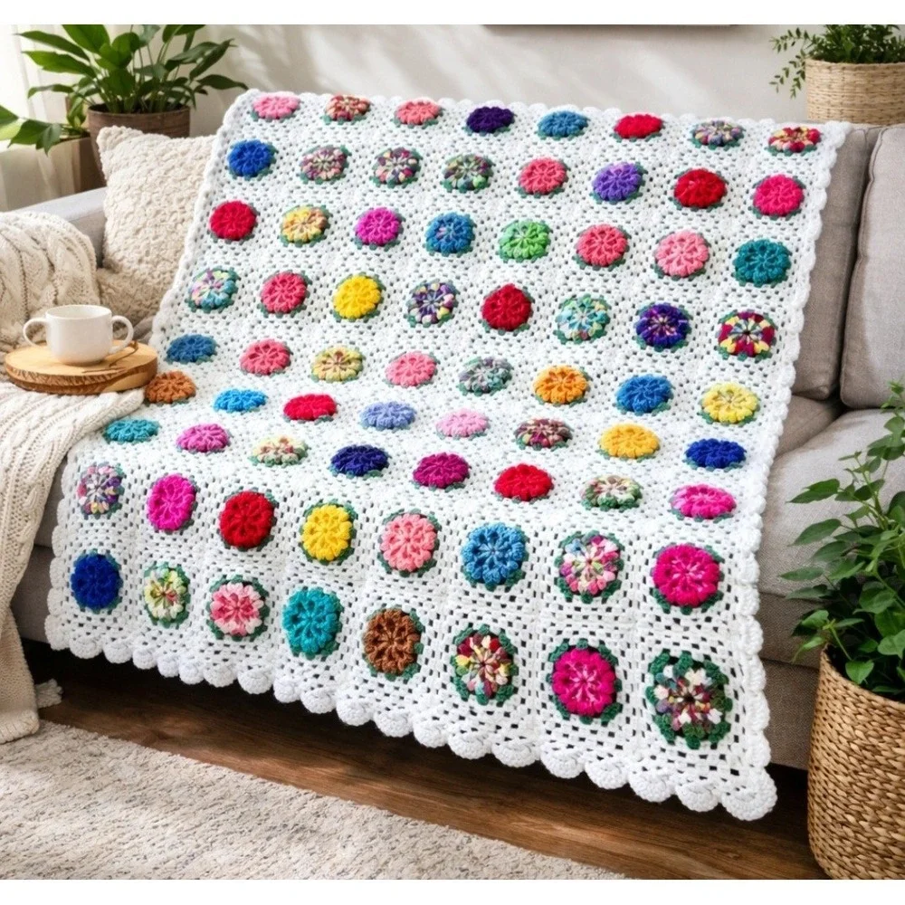 Vintage 3D Crochet Granny Square Blanket Floral White Handmade Afghan Throw